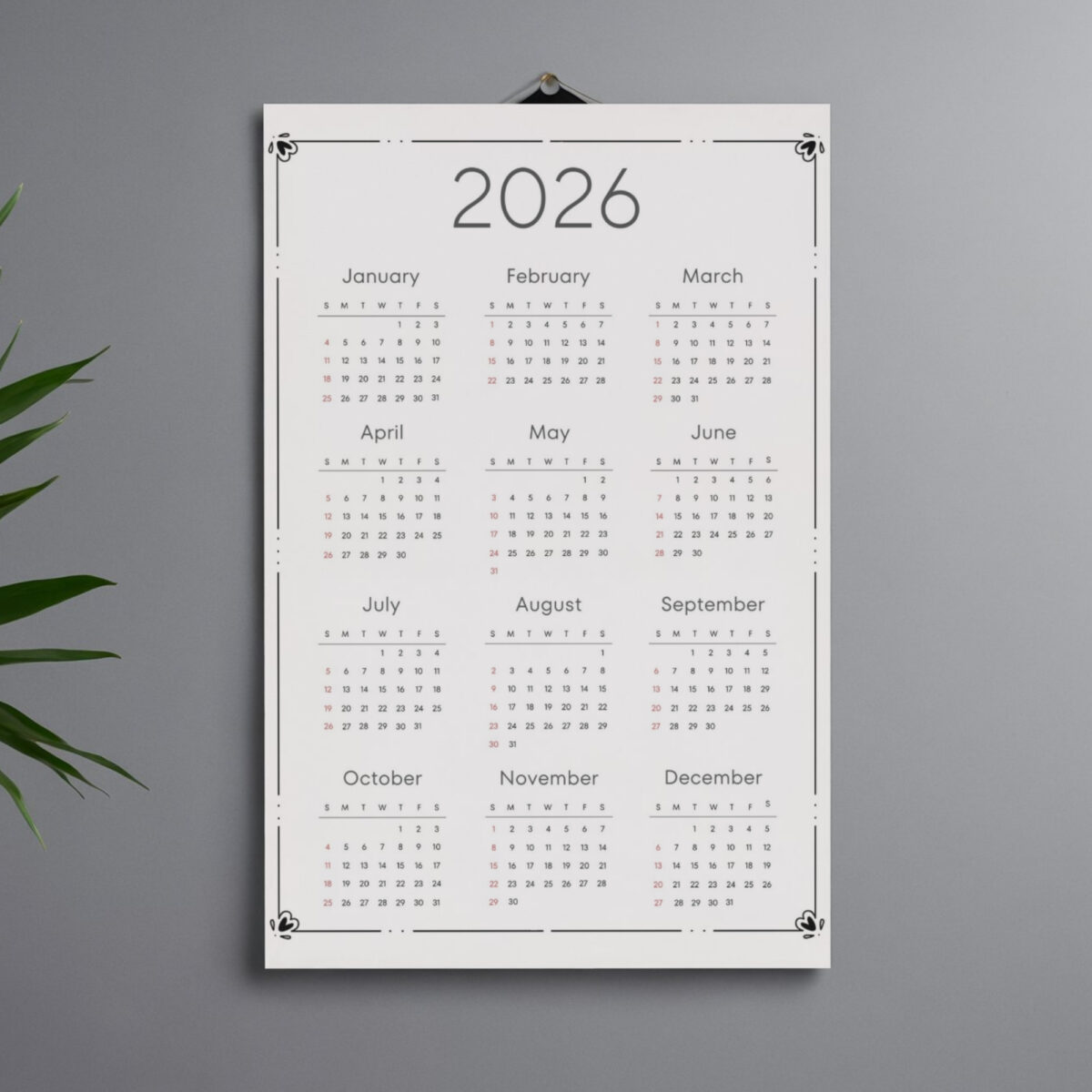 2026 Year Calendar – Single Page | Monday & Sunday Start | Minimalist Printable | CAL2026-001