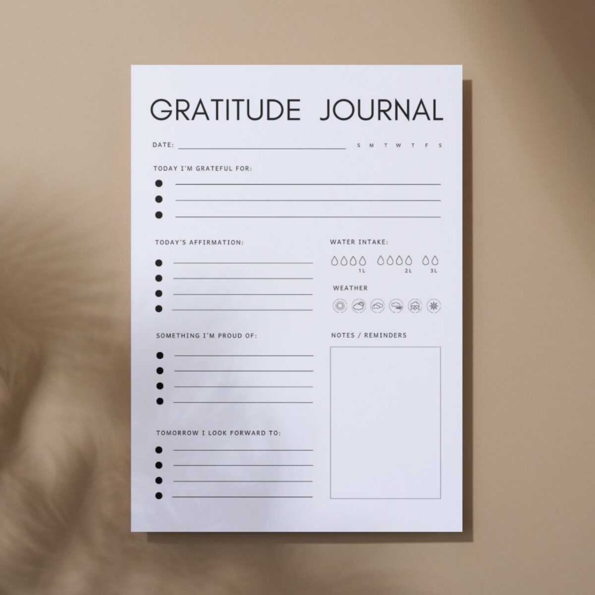 Daily Gratitude Journal Printable | Affirmations, Wellness Tracker, Self-Care Journal | JOUR-001-01