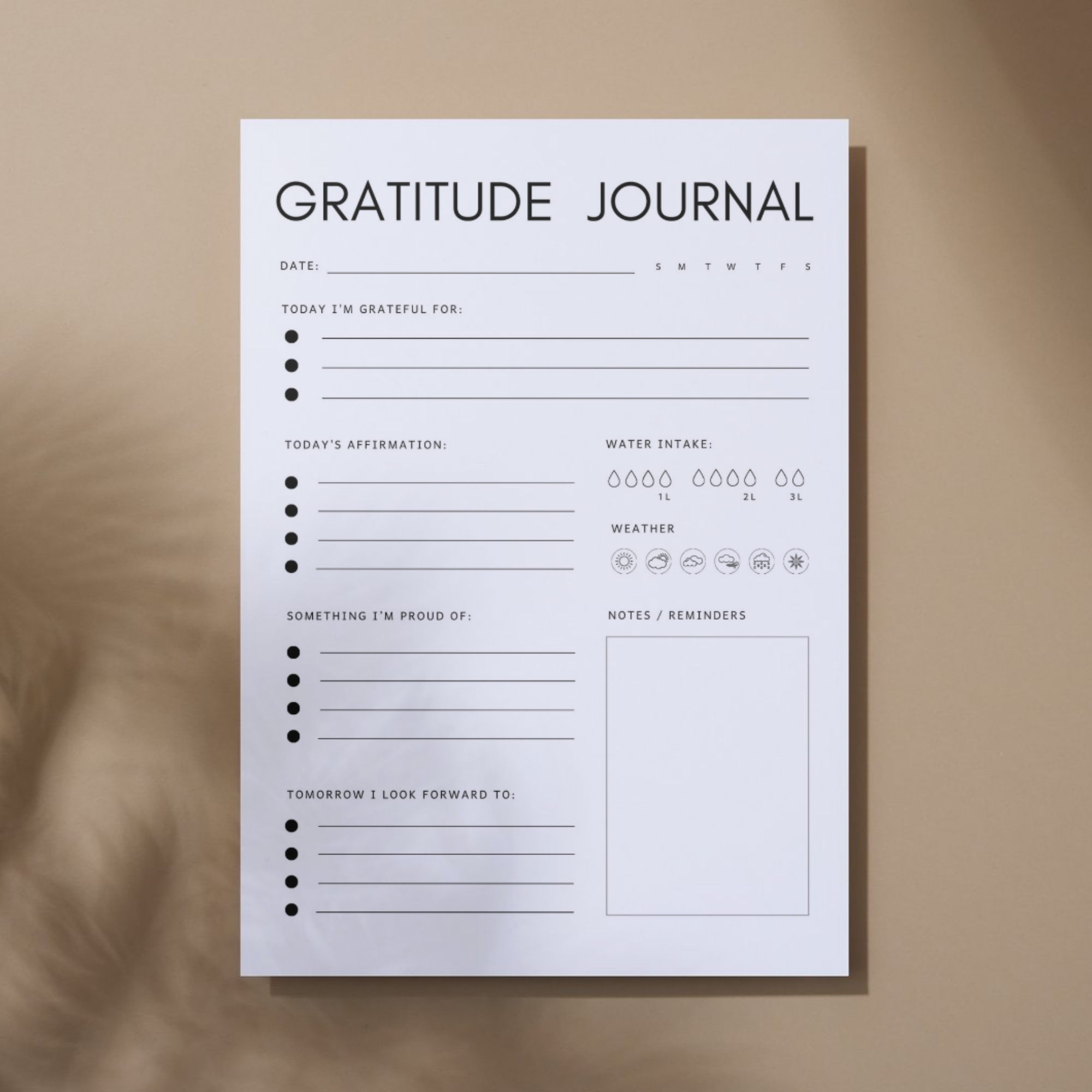 Daily Gratitude Journal Printable | Affirmations, Wellness Tracker, Self-Care Journal | JOUR-001-01