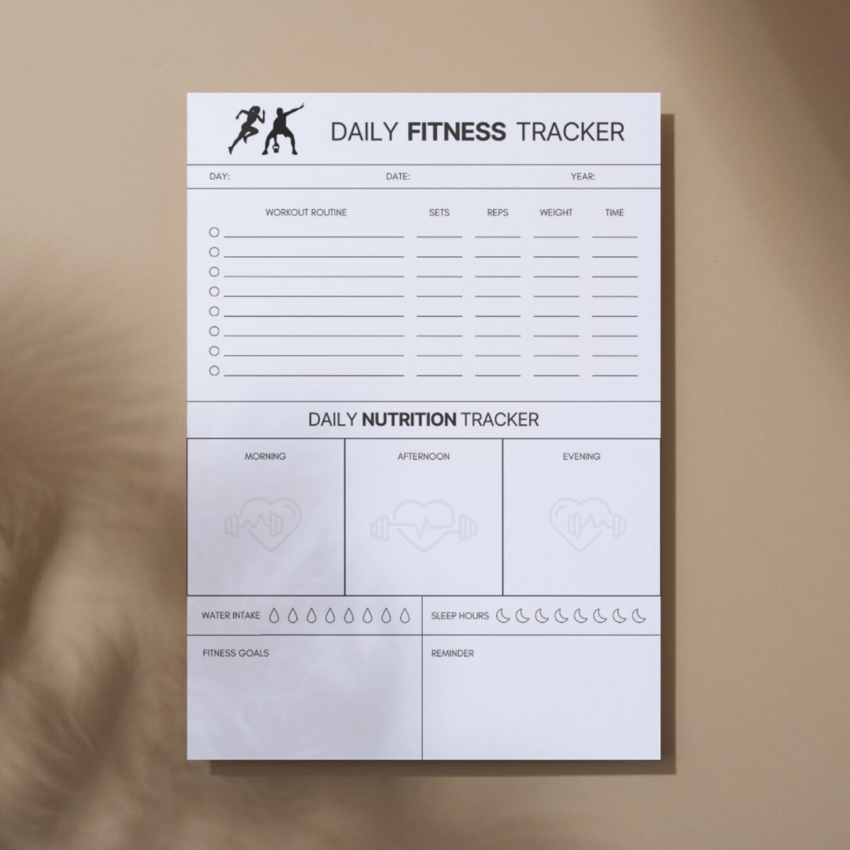 Fitness & Nutrition Tracker Printable | Daily Workout Log, Meal & Water Tracker | TRAC-002-01
