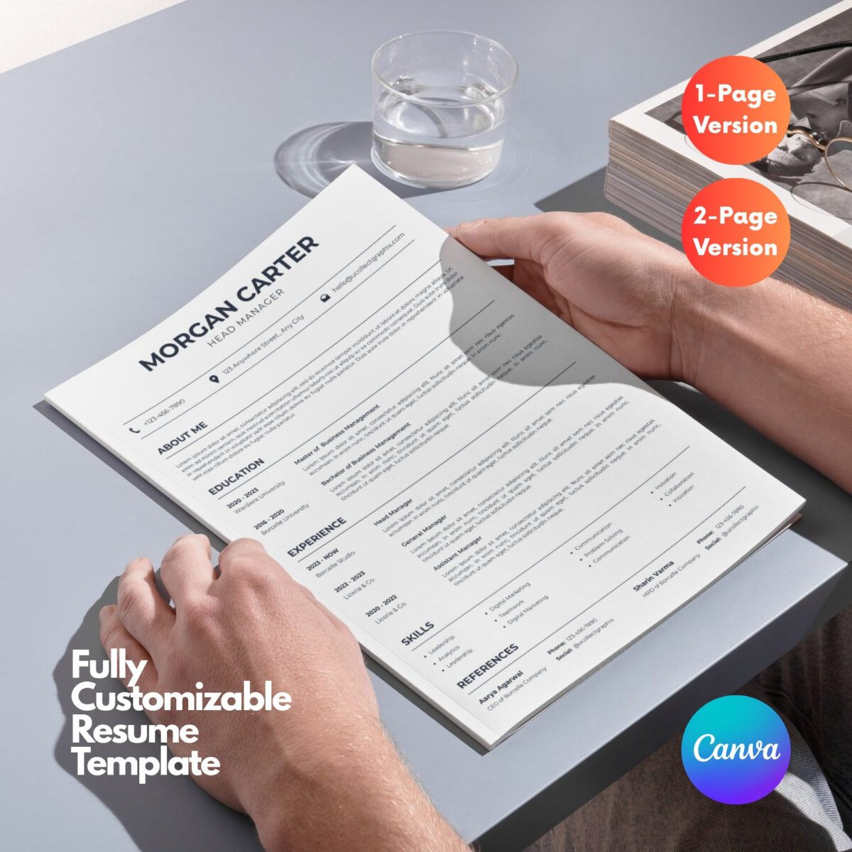 Professional Manager Resume Template | 1 & 2 Page Canva Editable CV | A4 & Letter Size | CV-003