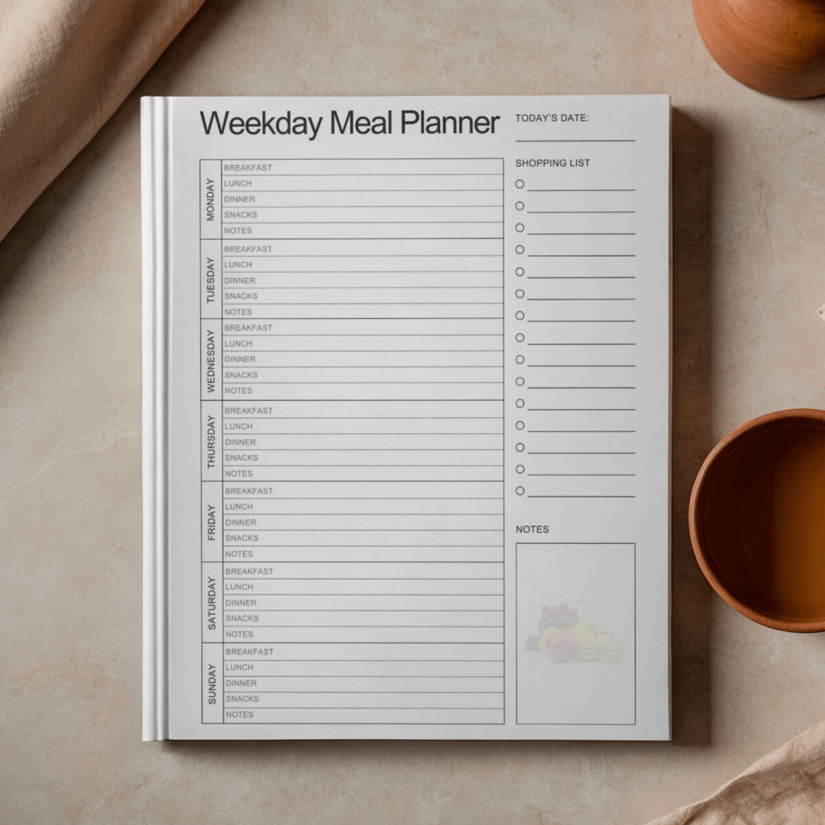 Weekday Meal Planner Printable | Weekly Meals, Shopping List & Notes | MEAL-001-01
