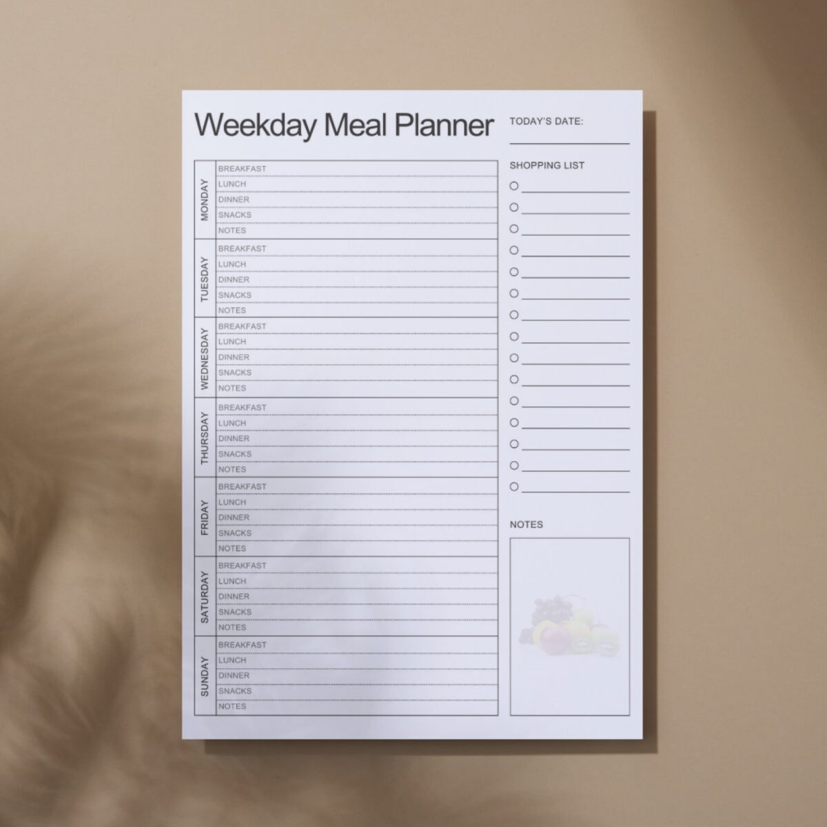 Weekday Meal Planner Printable | Weekly Meals, Shopping List & Notes | MEAL-001-01