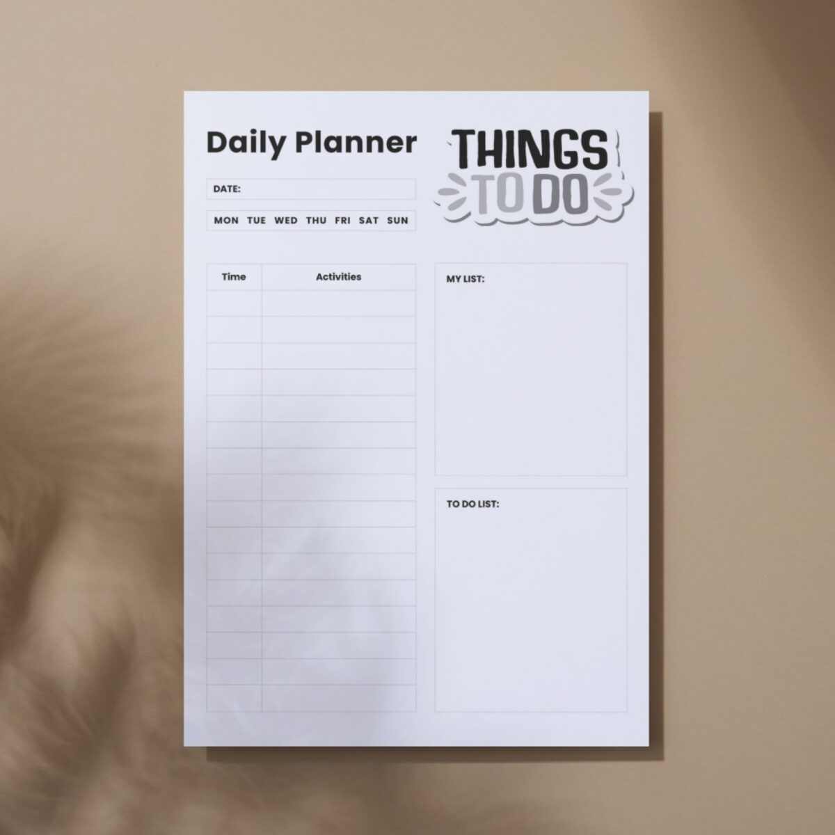 Printable Daily Planner | Time Schedule, Activities, My List & To-Do List | A4 & Letter PDF | PLADAY-003-01