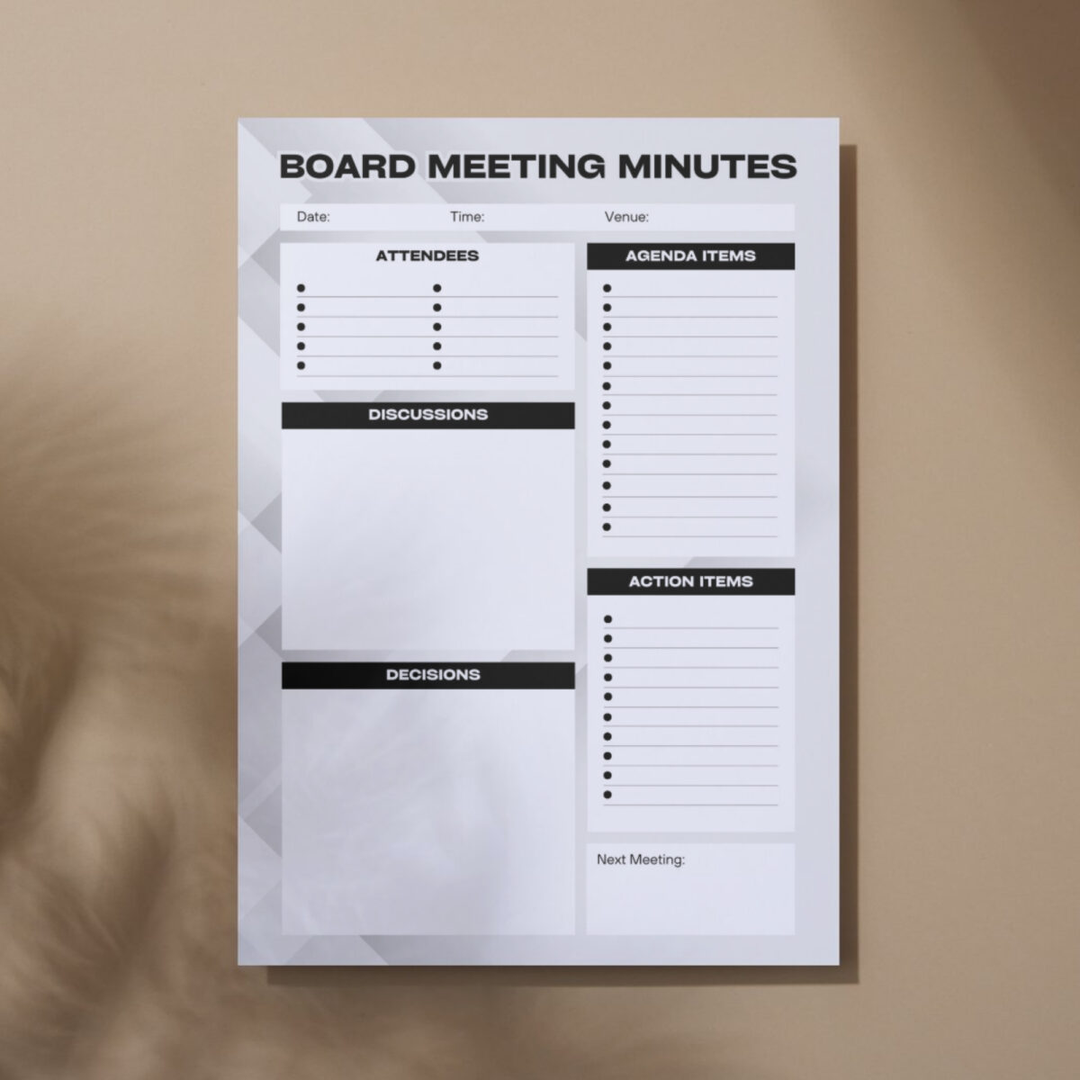 Board Meeting Minutes Printable | Professional Agenda, Decisions & Action Items Template | NOTES-002-01