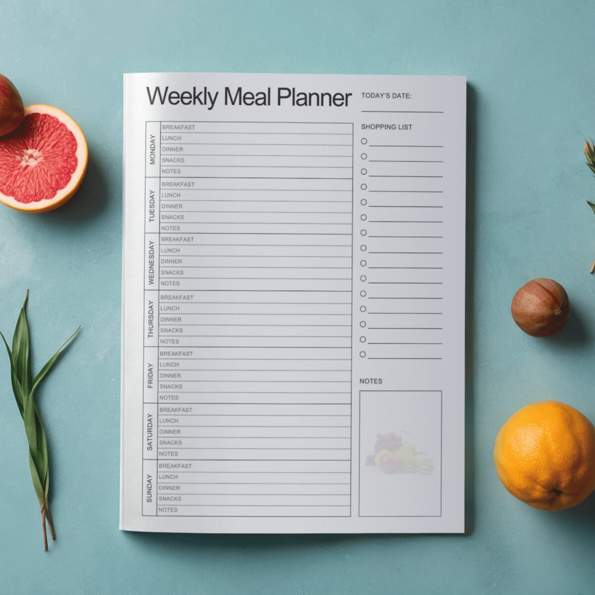 Meal Planner Printable | Weekly Meals, Shopping List & Notes | MEAL-001-01