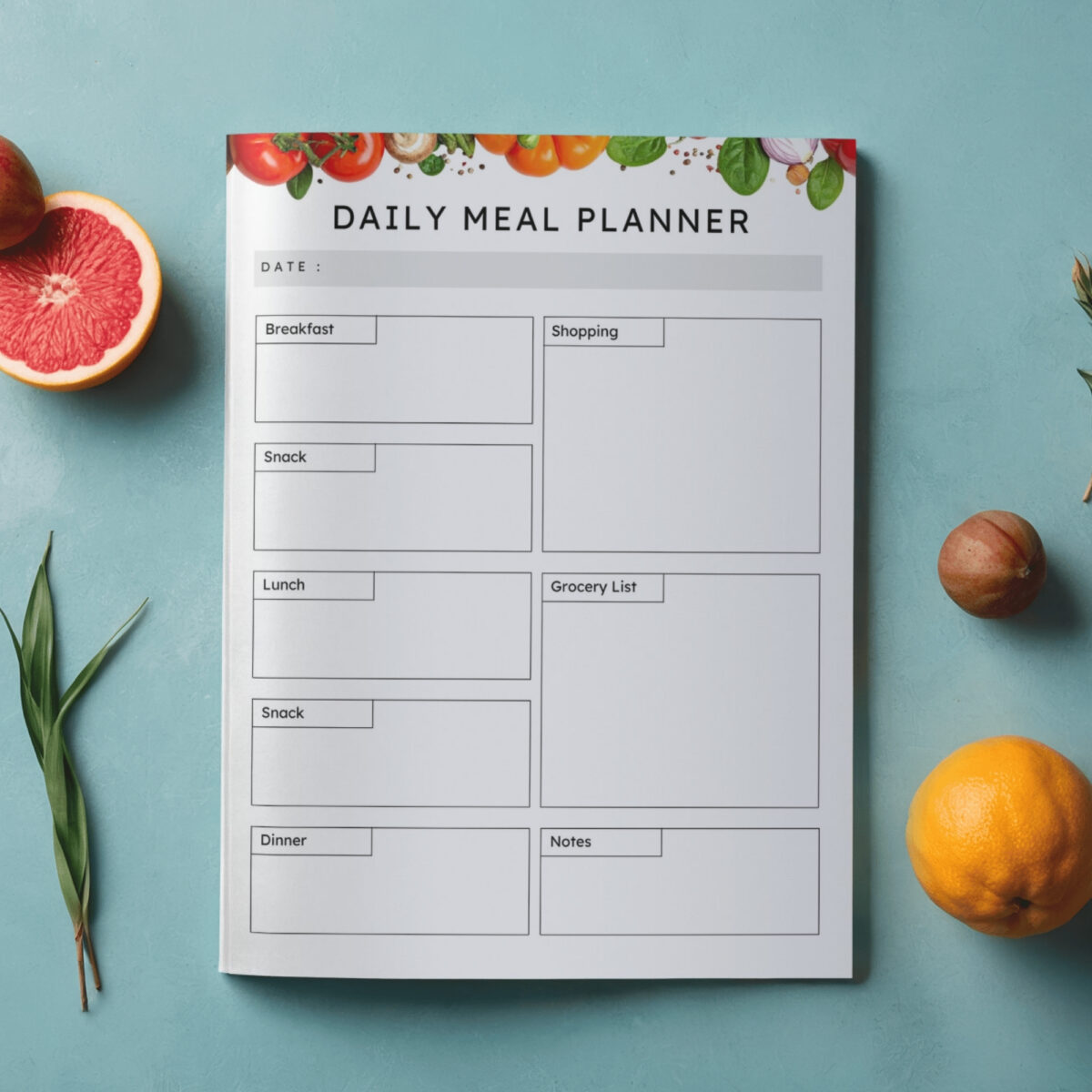 Daily Meal Planner Printable | Meals, Snacks, Grocery List & Notes | PDF Download | MEAL-002-01