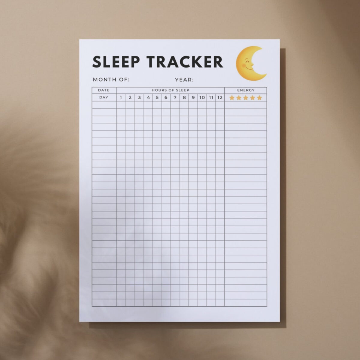 Sleep Tracker Printable | Daily Sleep Hours & Energy Level Log | TRAC-007-01