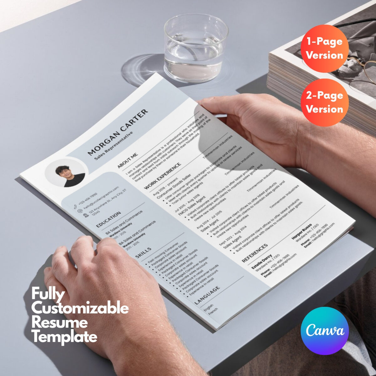 Professional Sales Resume Template | 1 & 2 Page Canva Editable CV with Photo | A4 & US Letter Size | CV-004