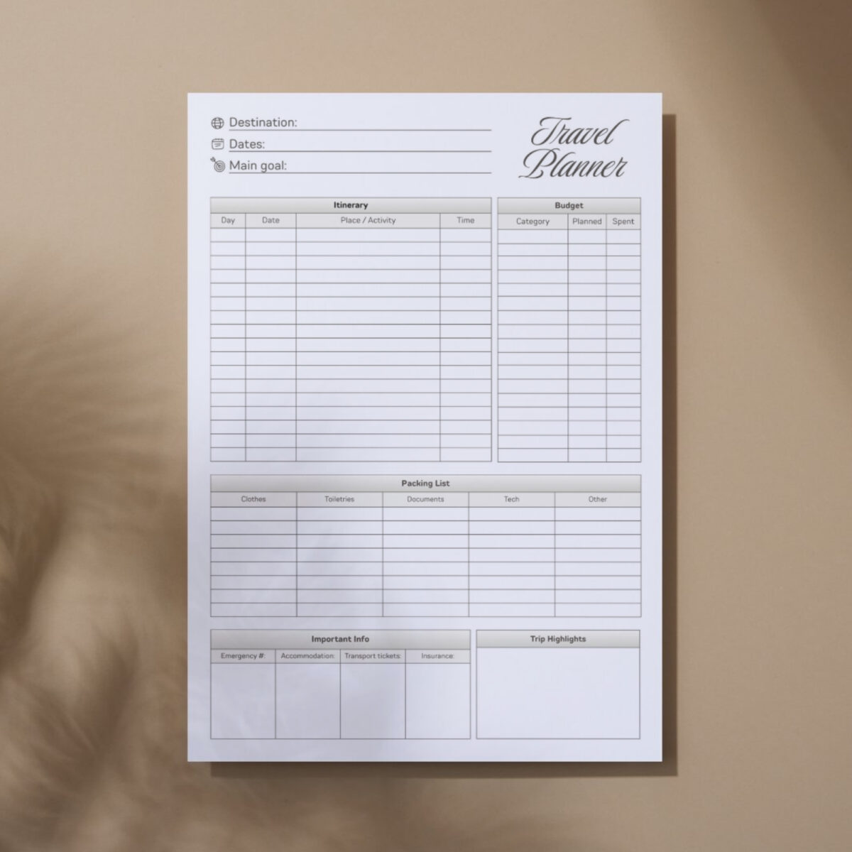 Printable Travel Planner | Trip Itinerary, Budget Tracker, Packing List & Travel Organizer | TRAV-001-01
