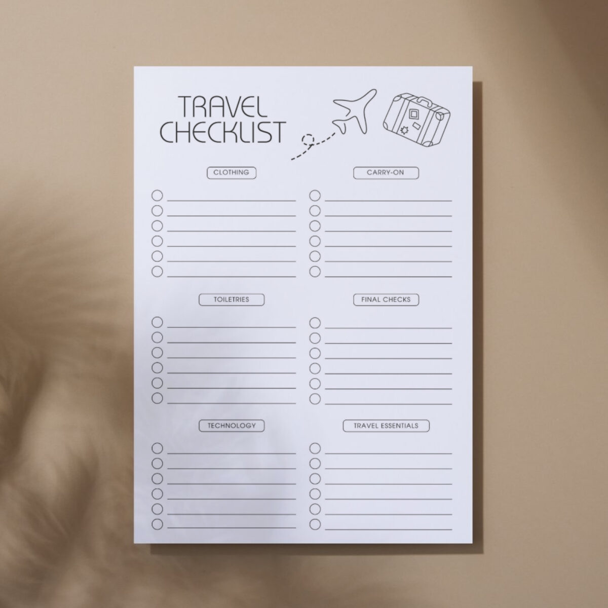 Printable Travel Checklist – Ultimate Packing List with Clothing, Carry-On, Toiletries & Travel Essentials | TRAV-002-01