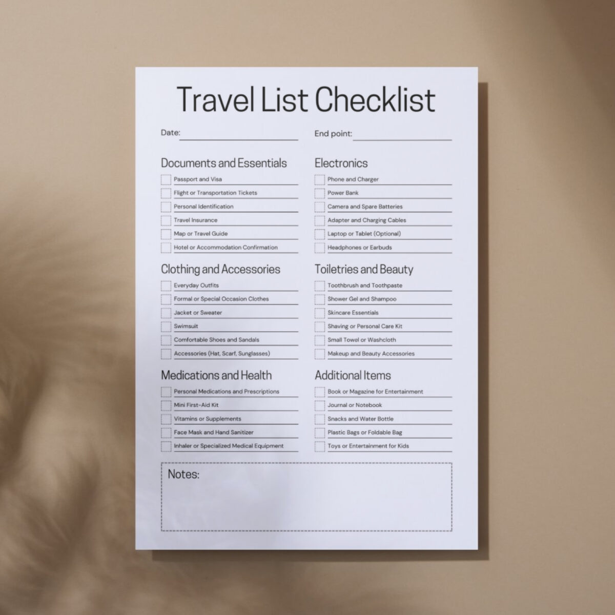Printable Travel List Checklist – Complete Packing List with Documents, Electronics, Clothing, Toiletries & Essentials | TRAV-003-01