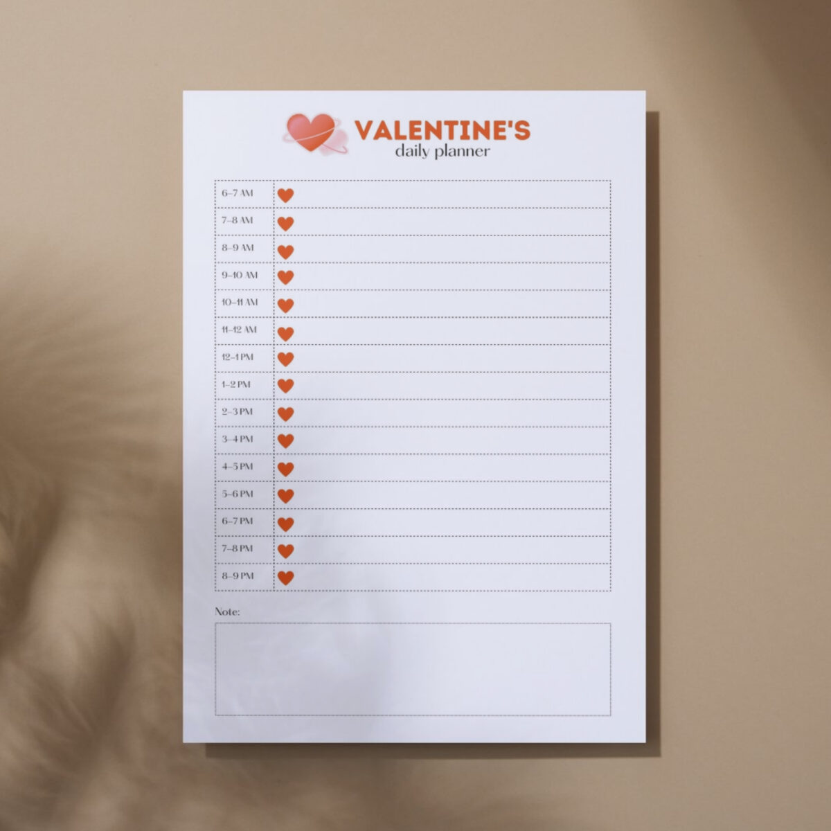 Printable Valentine’s Daily Planner (6AM–9PM) – Hourly Schedule with Notes | PLADAY-004-01