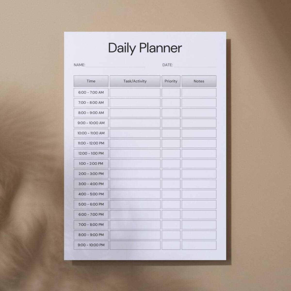 Printable Daily Planner (6AM–10PM) – Hourly Schedule with Tasks, Priority & Notes | PLADAY-005-01