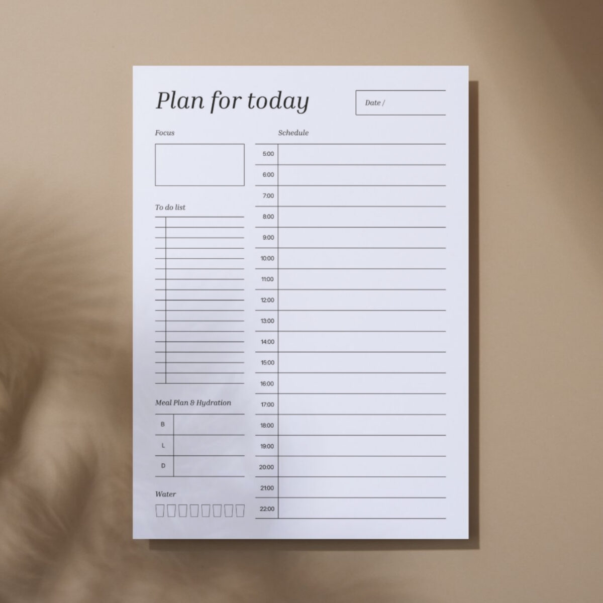 Printable Daily Planner (5AM–10PM) – Focus, To-Do List, Meal Plan, Hydration & Water Tracker | PLADAY-006-01