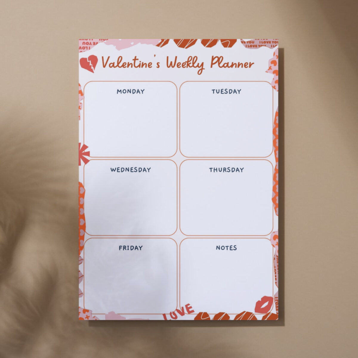 Printable Valentine’s Weekly Planner (Mon–Fri) – Romantic Weekly Schedule with Notes | PLAWEK-002-01