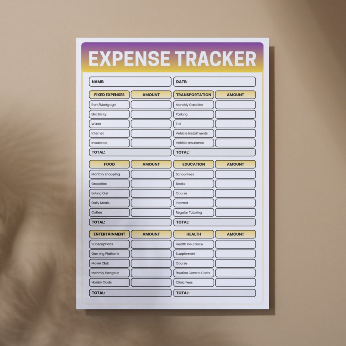 Printable Expense Tracker | Budget Planner with Fixed, Food, Transport, Health & More | TRAC-008-01