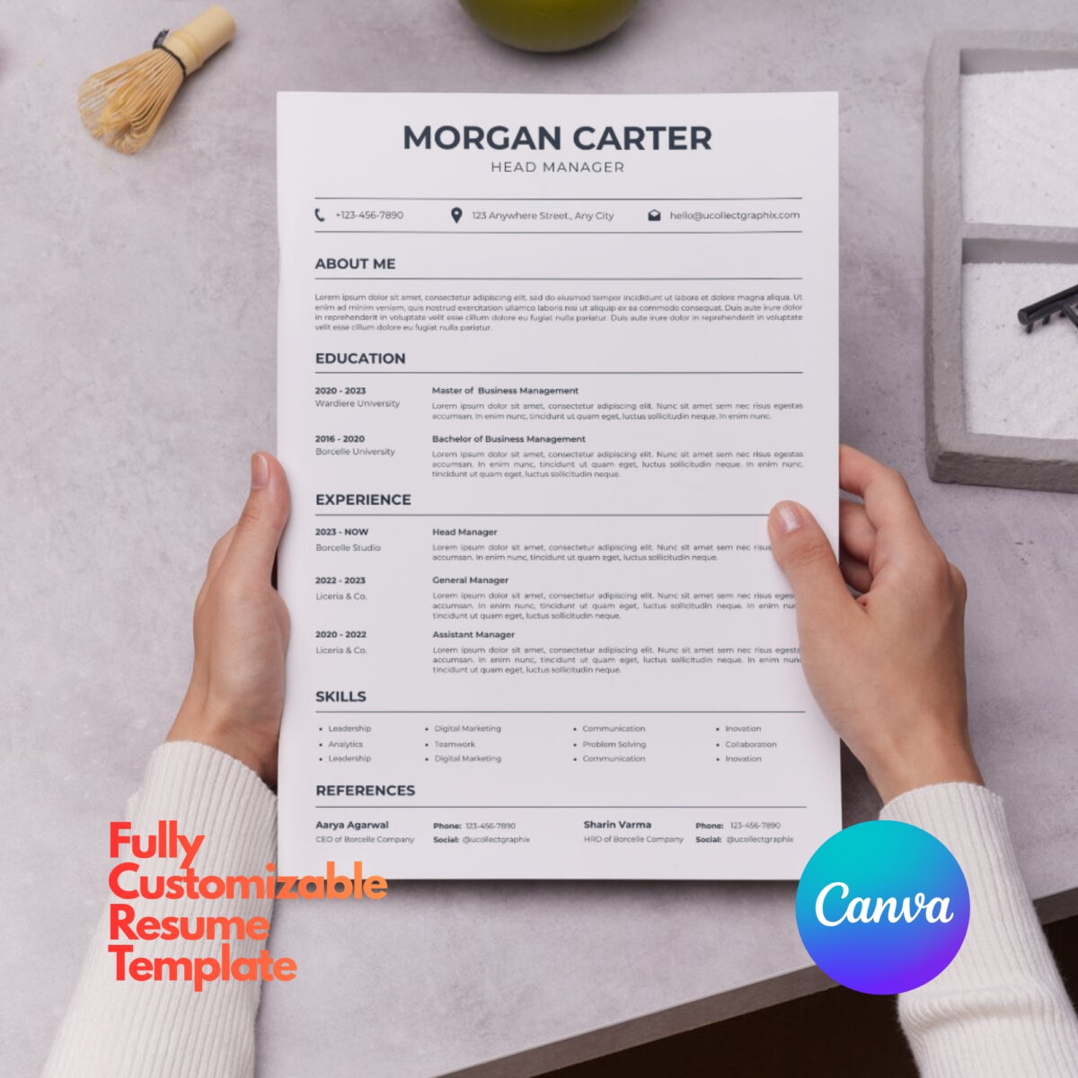 Professional Manager Resume Template | 1 & 2 Page Canva Editable CV | A4 & Letter Size | CV-003
