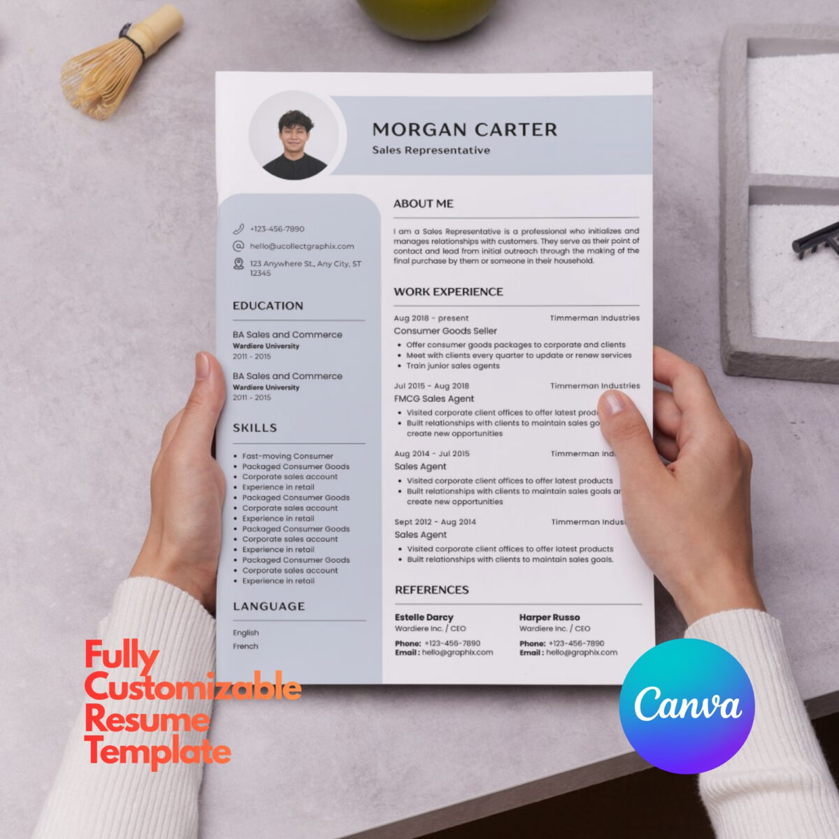 Professional Sales Resume Template | 1 & 2 Page Canva Editable CV with Photo | A4 & US Letter Size | CV-004