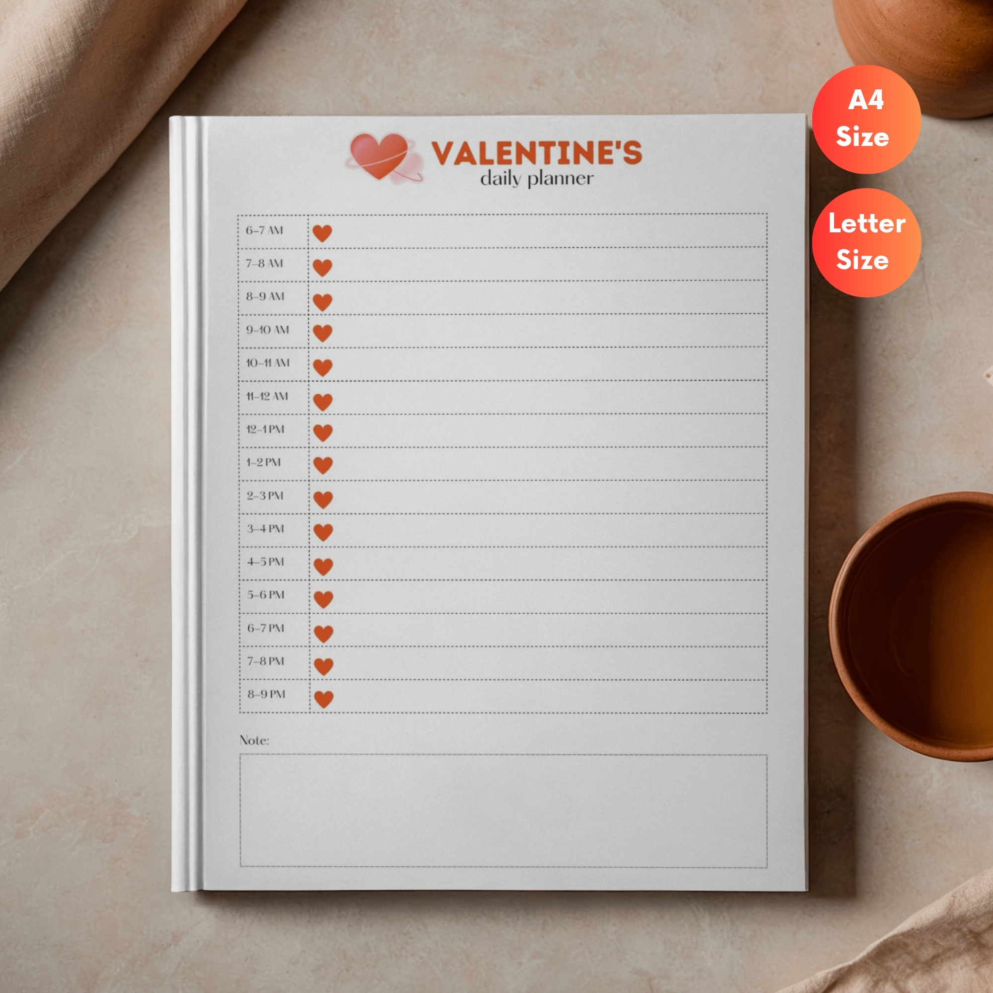 Printable Valentine’s Daily Planner (6AM–9PM) – Hourly Schedule with Notes | PLADAY-004-01 - Image 2