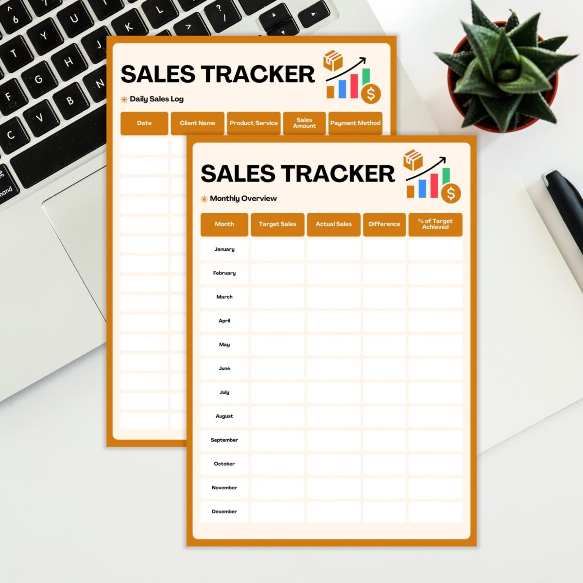 Monthly Sales Tracker & Daily Sales Log Printable | Sales Target & Performance Tracker | Orange TRAC-014-03