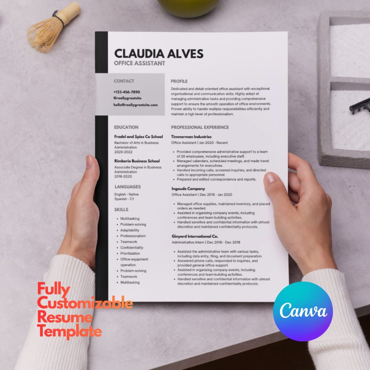 Professional Assistant Resume Template | 1 & 2 Page Canva CV Template | Editable Modern Resume | ATS-Friendly | CV-006