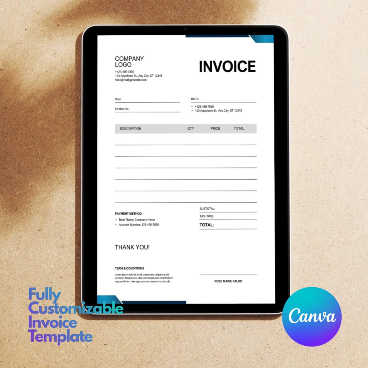 Fully Customizable Invoice Template | Professional Printable Invoice for Small Business | Invoice-001