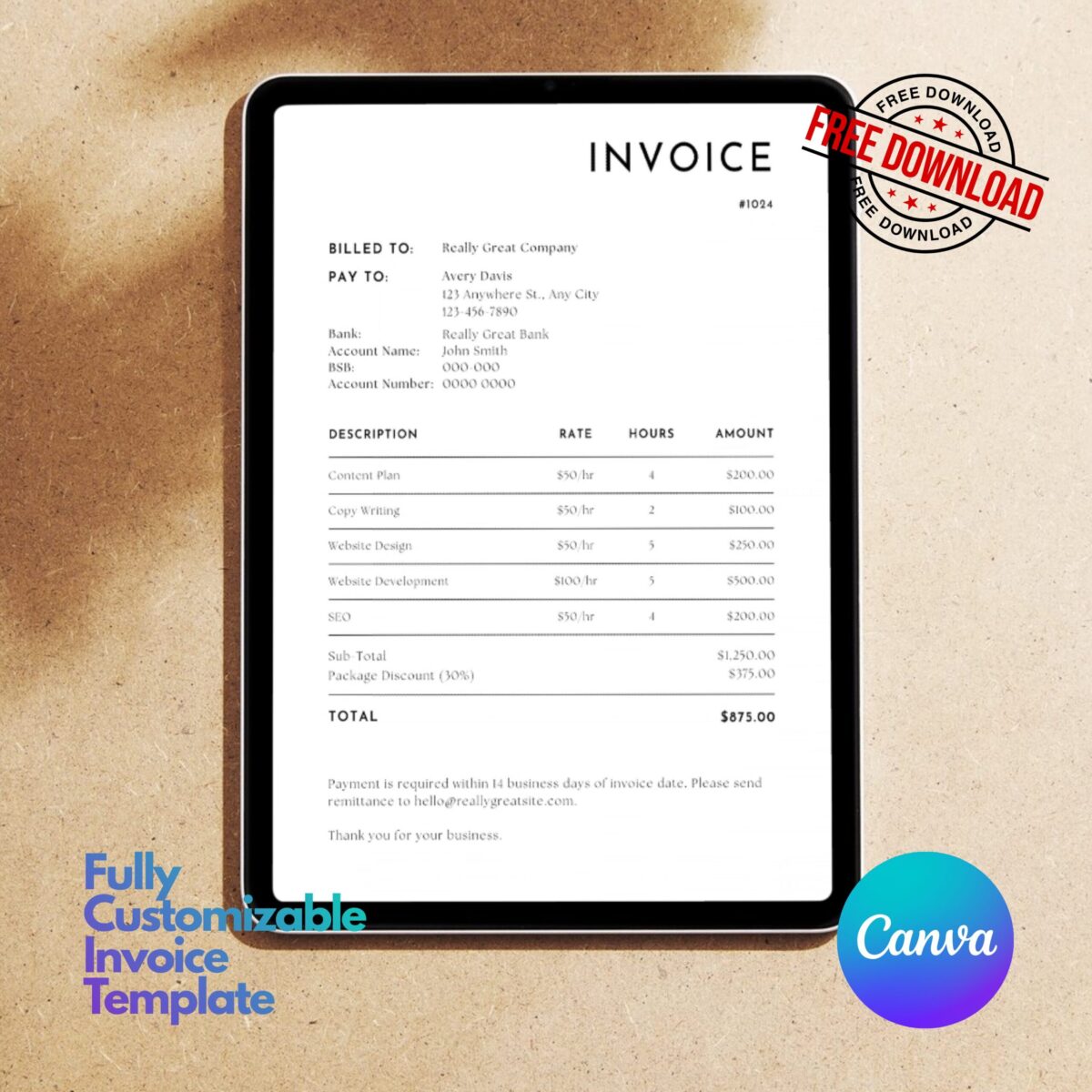 FREE Invoice Canva Template – Editable Professional Invoice | Instant Download | Invoice-002