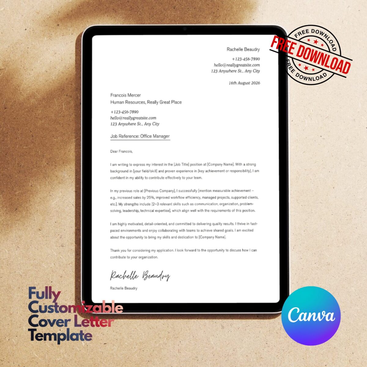 FREE Cover Letter Canva Template – Editable Professional Job Application Letter | COVER-001