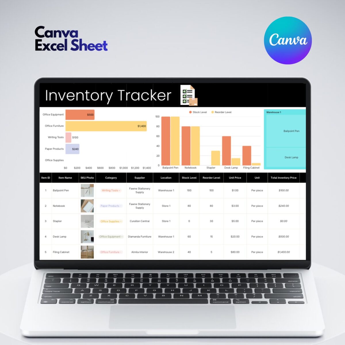 Editable Inventory Tracker Excel Template | Canva Inventory Management Spreadsheet | TRAC-015-01