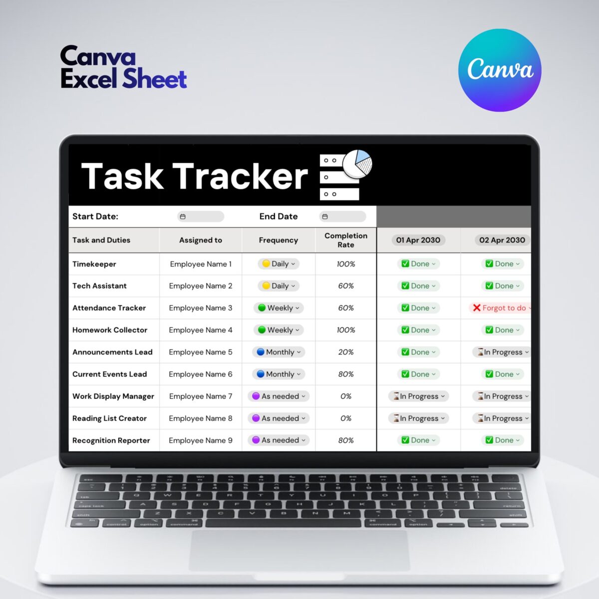 Editable Task Tracker Excel Template Canva | Employee Duty Tracker | Task Assignment & Frequency Planner | Productivity Spreadsheet | TRAC-010-01