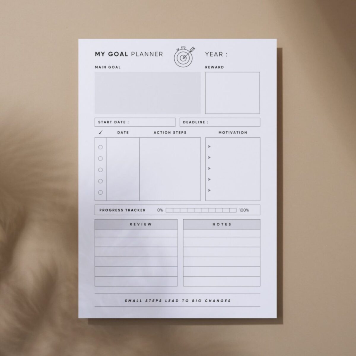 Goal Planner Printable | Goal Setting with Action Steps, Progress Tracker & Review Pages | GOAL-001-01
