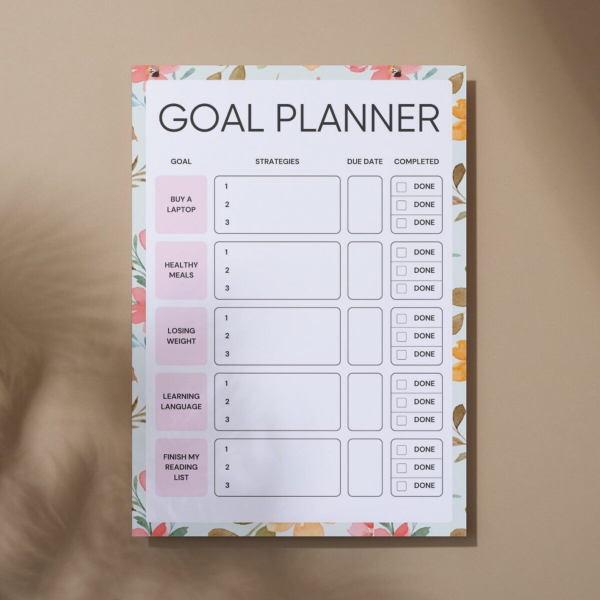 Goal Planner Printable PDF | Goal Setting with Strategies, Due Date & Checklist Tracker | GOAL-002-01