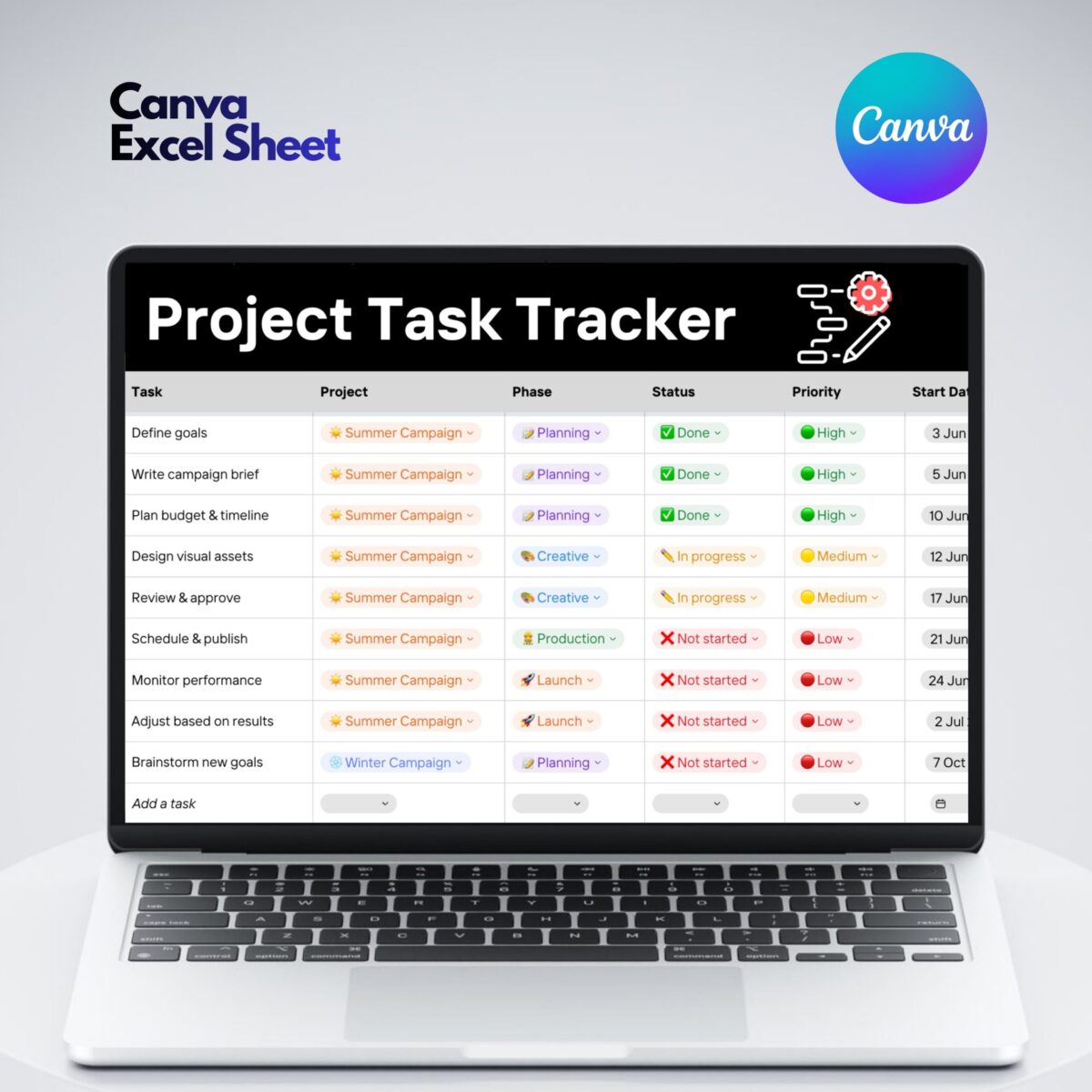Editable Project Task Tracker Excel Template Canva | Project Management Planner | Phase Status Priority Workflow Spreadsheet | TRAC-011-01