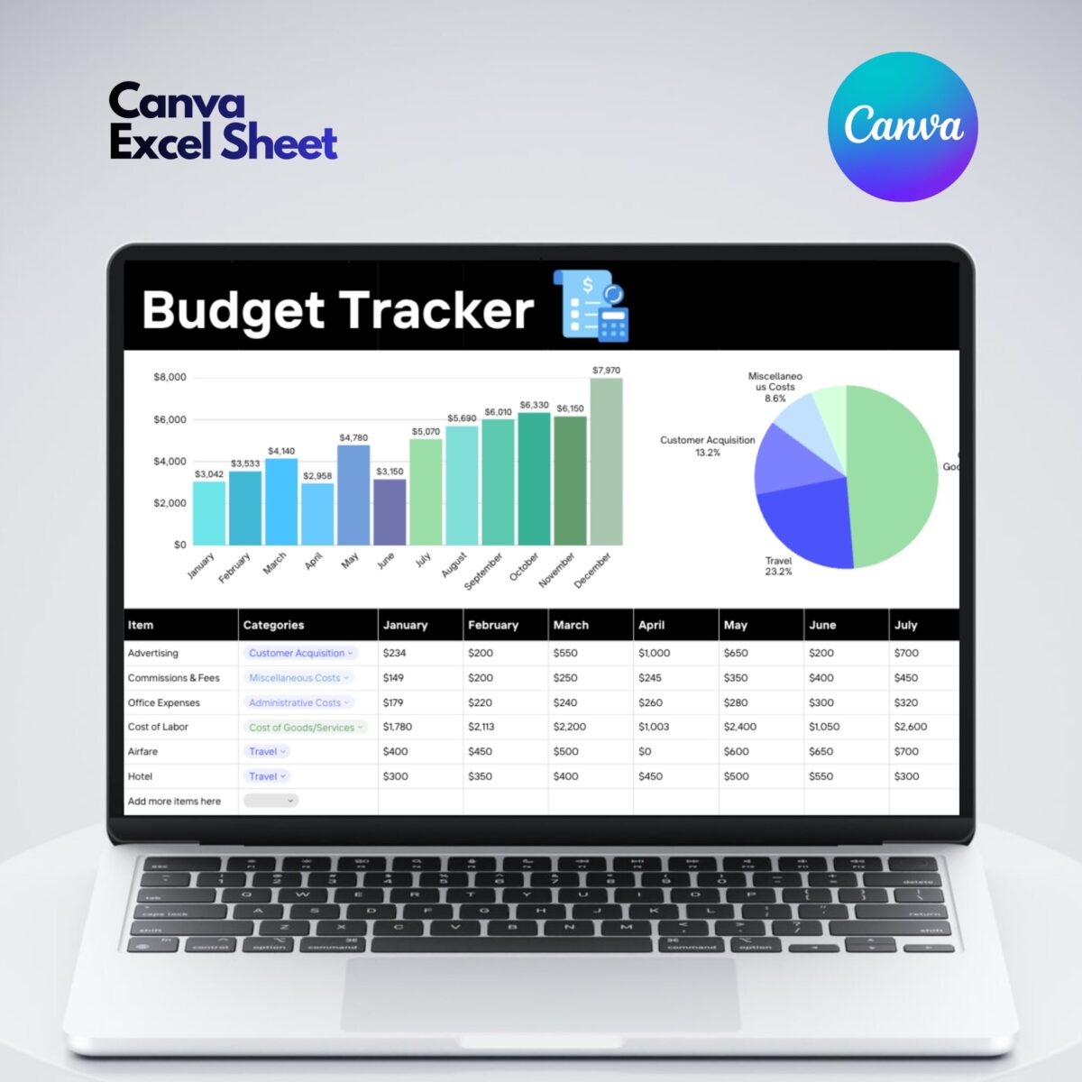 Editable Budget Tracker Canva Excel Template | Monthly Tracker with Charts | Financial Planner Spreadsheet | TRAC-012-01