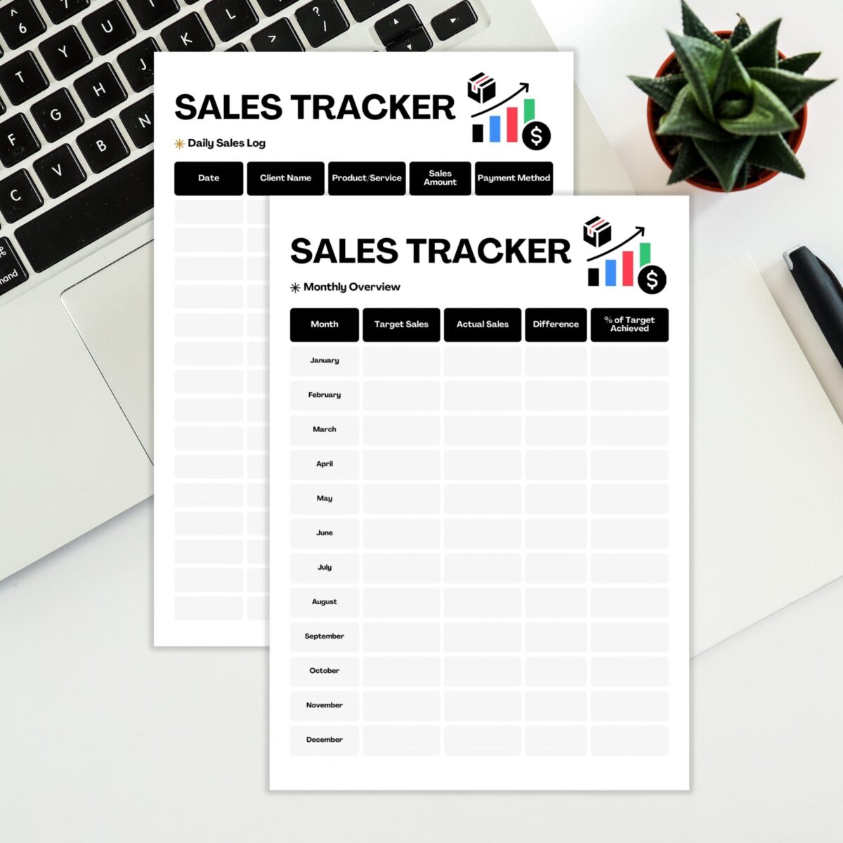 Monthly Sales Tracker & Daily Sales Log Printable | Sales Target & Performance Tracker | Black TRAC-014-01