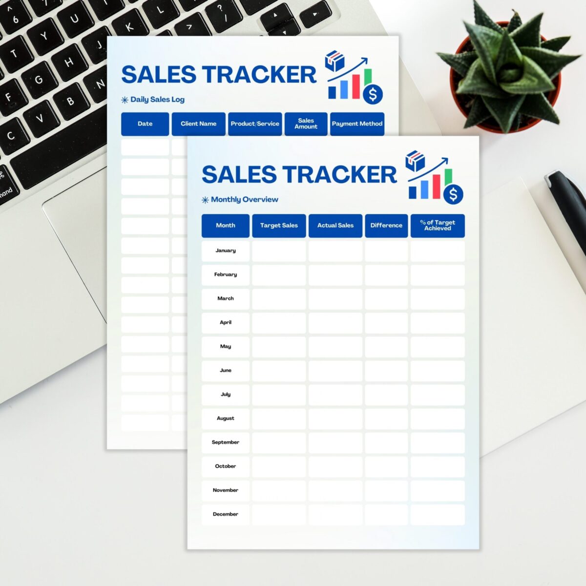 Monthly Sales Tracker & Daily Sales Log Printable | Sales Target & Performance Tracker | Blue TRAC-014-02