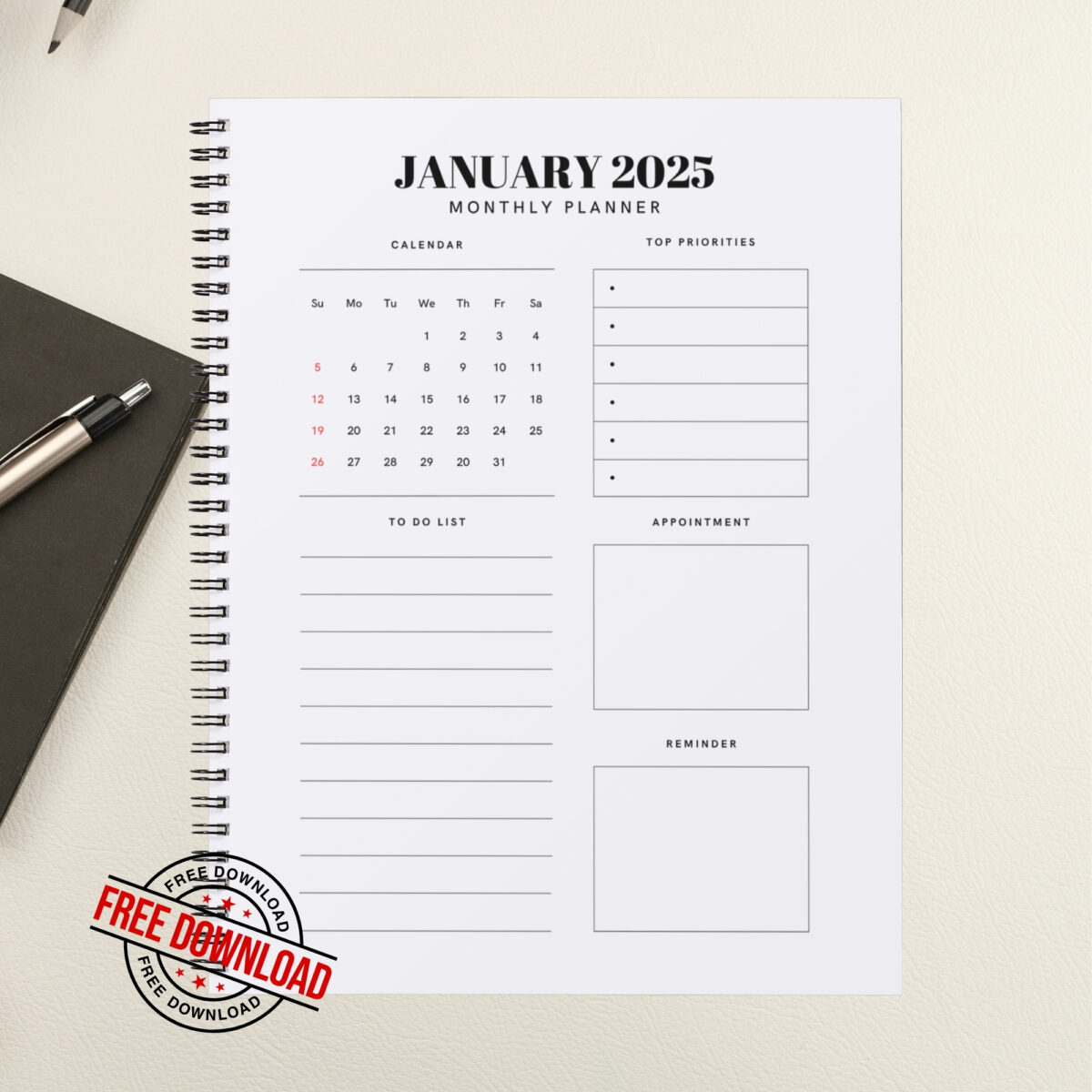 FREE Download Printable 2025 Monthly Planner | Calendar Organizer PDF | PLAMON2025-002