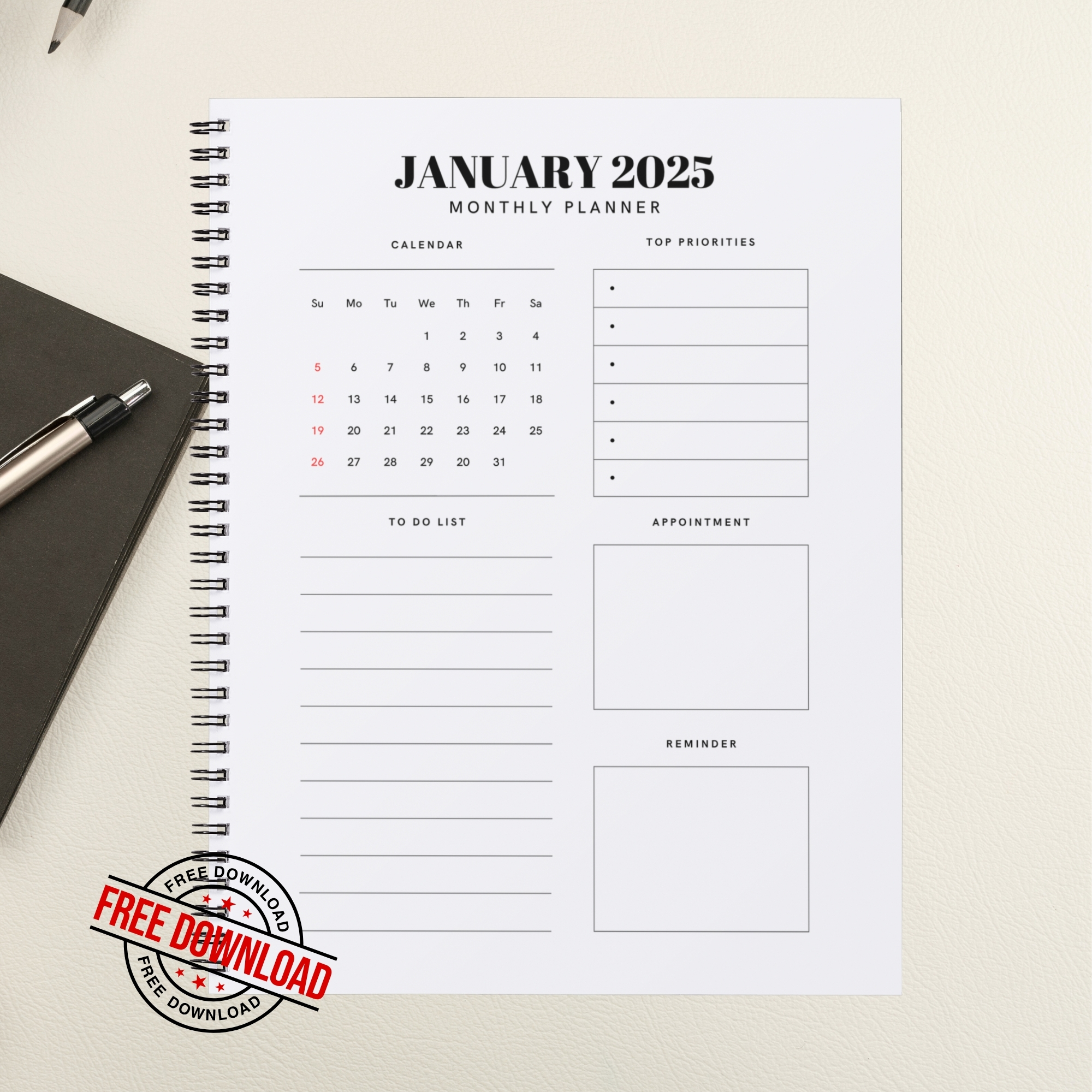 FREE Download Printable 2025 Monthly Planner | Calendar Organizer PDF | PLAMON2025-002