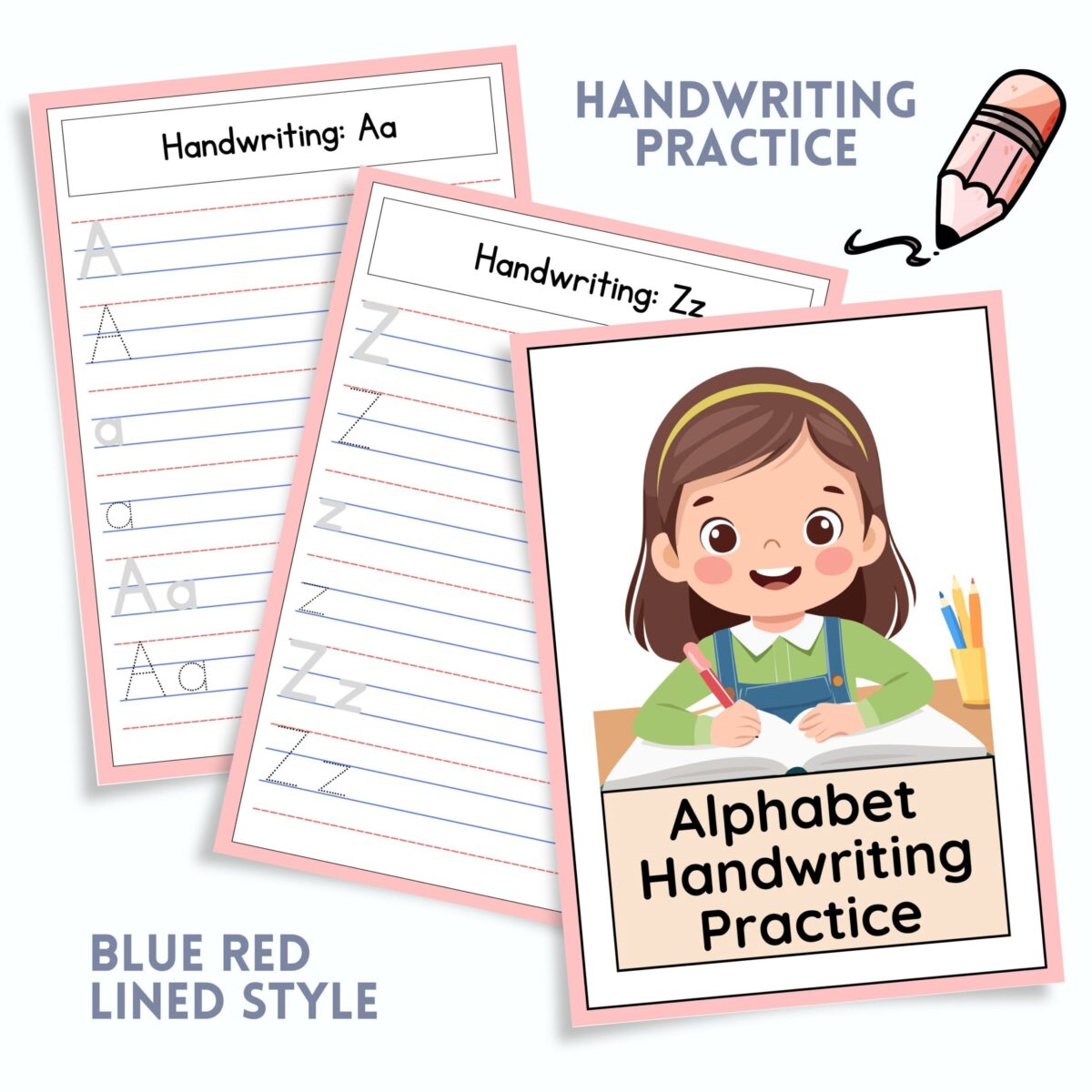 Alphabet A–Z Handwriting Practice for Girls | ABC Tracing | Blue Red Lined Writing Paper | Preschool & Kindergarten Printable | ALPHAND-002