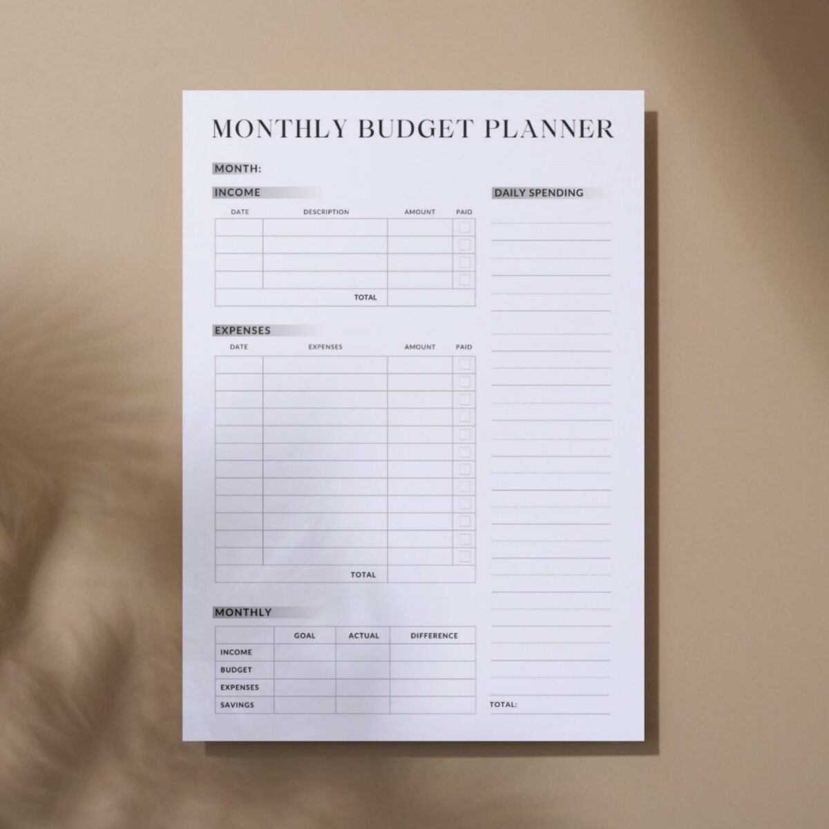 Monthly Budget Planner Printable | Income, Expenses & Daily Spending Tracker | Monthly Goal vs Actual Budget | BUDGET-001-01