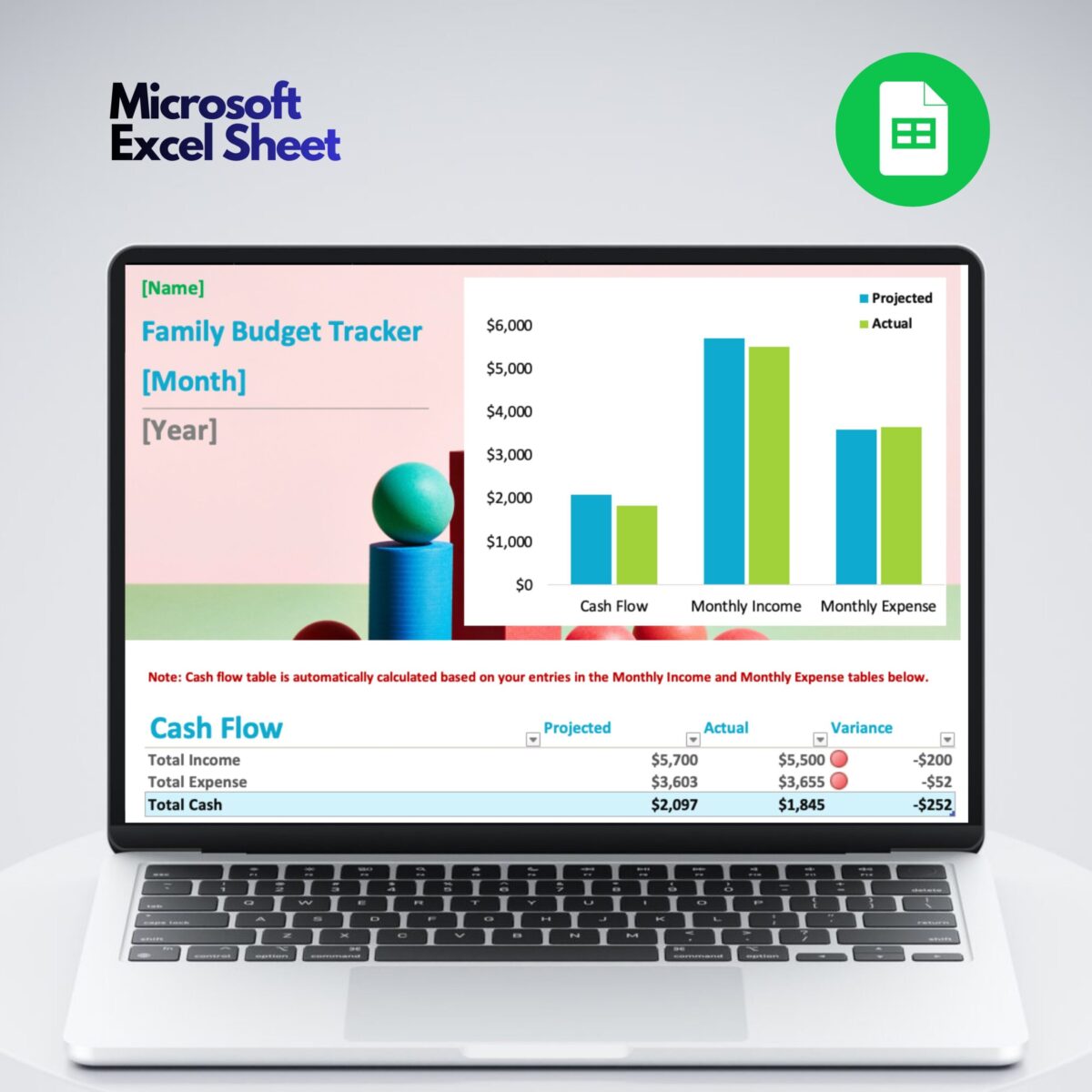 Family Monthly Budget Tracker Excel Template | Cash Flow, Income & Expense Tables with Bar Chart | TRACEXC-001