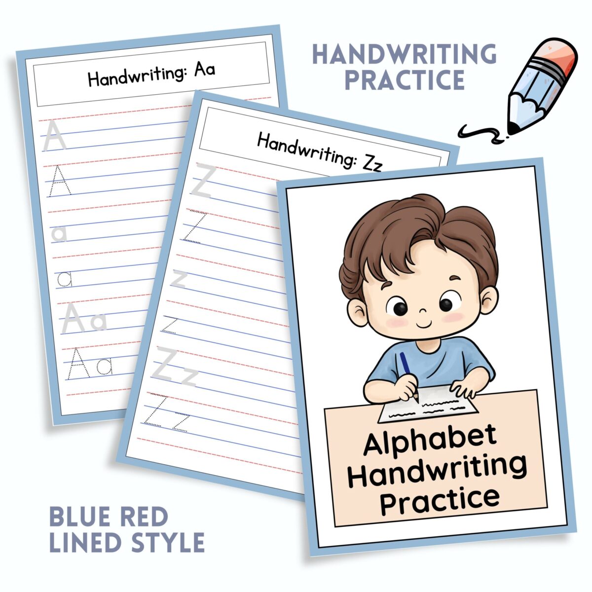 Alphabet A–Z Handwriting Practice for Boys | ABC Tracing | Blue Red Lined Writing Paper | Preschool & Kindergarten Printable | ALPHAND-001