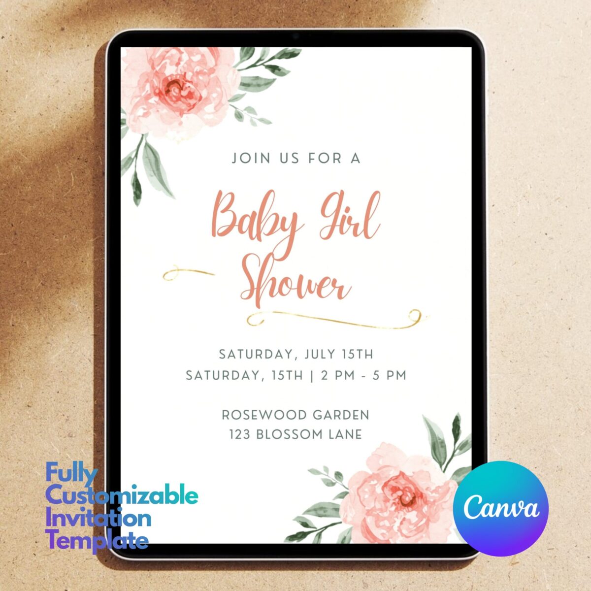 Editable Baby Girl Shower Invitation Template | Floral Baby Shower Invite | Pink Boho Baby Shower, Canva Template | BSINVITE-005