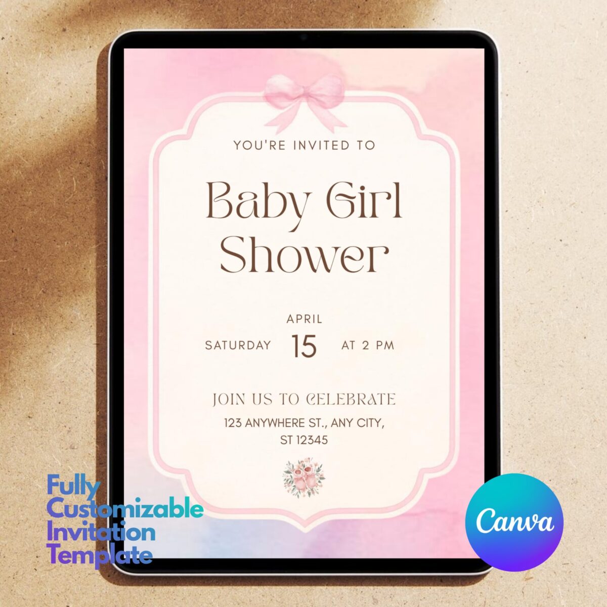 Elegant Baby Girl Shower Invitation Template | Pink Watercolor Bow Invite | Editable Canva Template Printable | BSINVITE-006