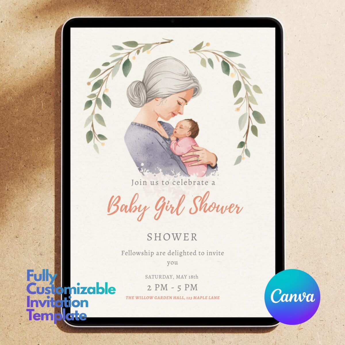 Editable Baby Girl Shower Invitation Template | Mom & Baby Illustration Invite | Neutral Floral Canva Template Printable | BSINVITE-007