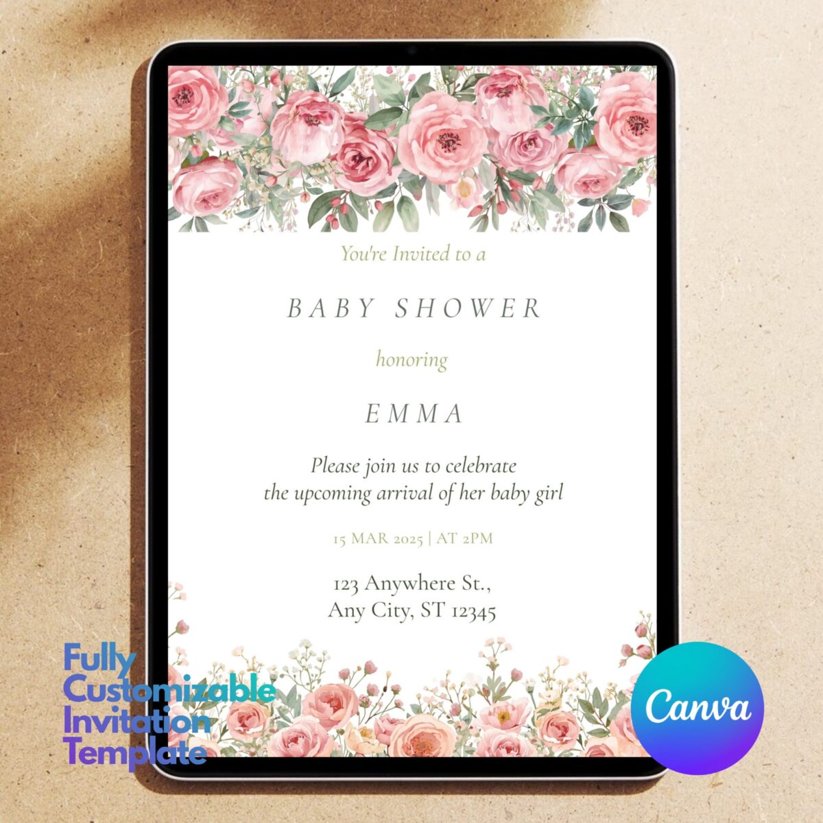 Editable Baby Girl Shower Invitation Template | Floral Pink Baby Shower Invite | Canva Template Printable | BSINVITE-008