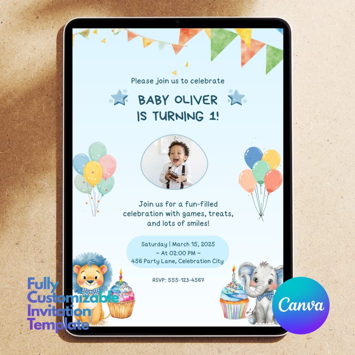 Editable First Birthday Boy Invitation Template | Cute Safari Animals 1st Birthday Invite | Canva Template Printable | 1BINVITE-001