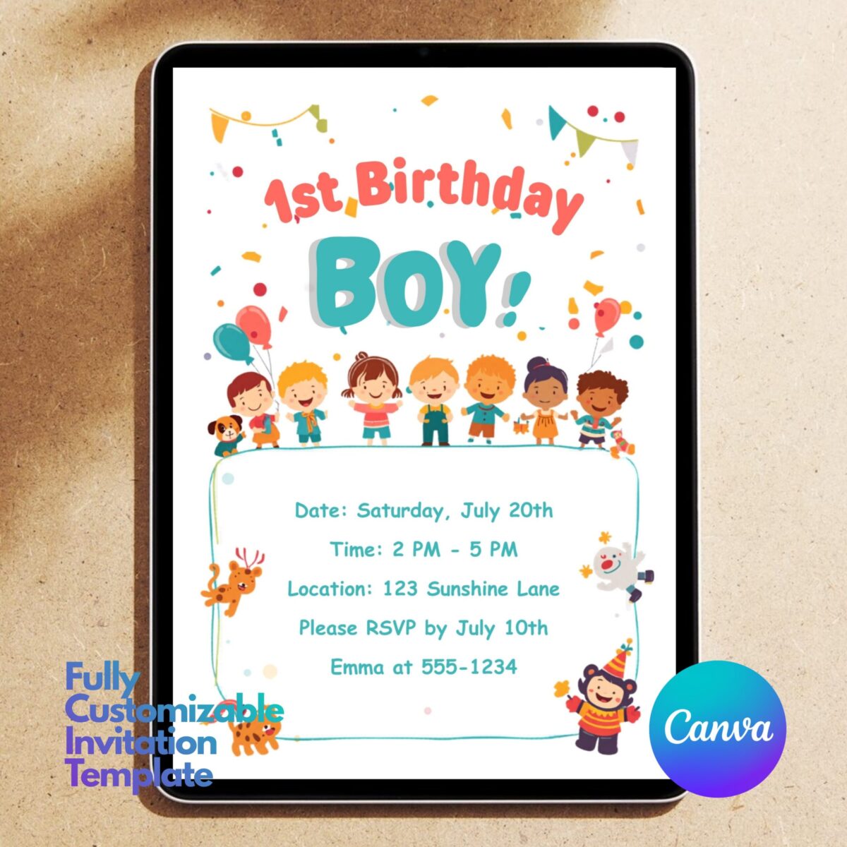 Editable First Birthday Boy Invitation Canva Template | Cute Kids Party Invite, 1st Birthday Boy Card, Printable & Digital | 1BINVITE-002