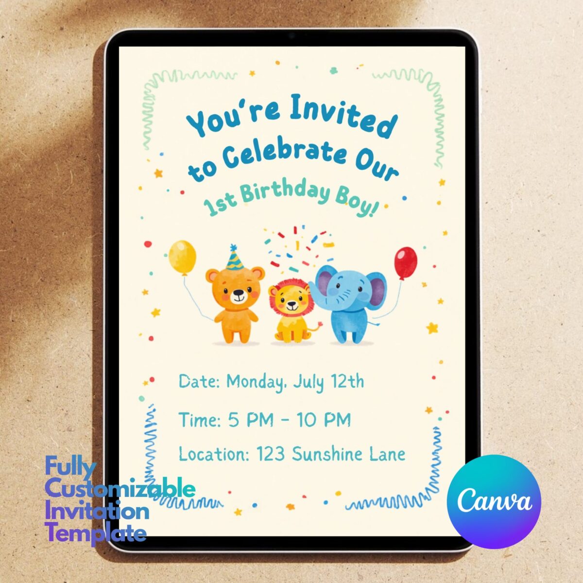 Editable First Birthday Boy Safari Invitation Canva Template | Cute Jungle Animals 1st Birthday Invite, Printable & Digital | 1BINVITE-003
